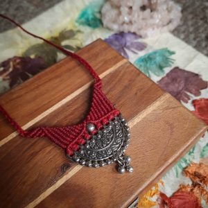 Boho Red Handmade jewelery with silver pendant